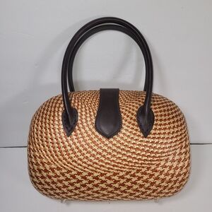Bahay Bag Clam Shell Chic Woven Satchel in Tan and Brown